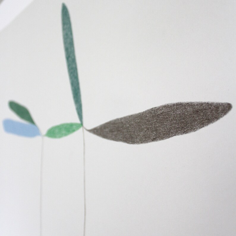 May include: Abstract art print featuring a stylized leaf design in shades of green, blue, and brown. The leaves are drawn with a textured, layered effect.