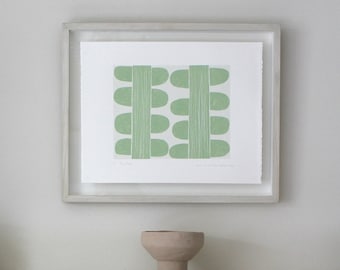 Scandinavian print, silkscreen print in green, original handmade fifties inspired small modern art.