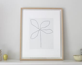 Minimal original plant drawing screenprint, black and white modern printmaking. Scandinavian home. Leaf motif