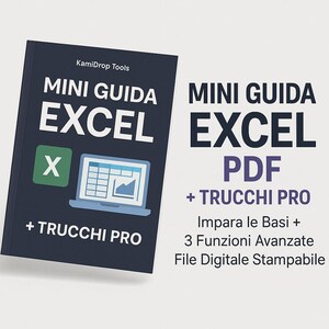 Può includere: Una guida digitale blu e bianca per imparare le basi di Microsoft Excel, con il titolo "MINI GUIDA EXCEL PDF + TRUCCHI PRO". La guida include istruzioni su come utilizzare Excel e include suggerimenti professionali. La guida è un file digitale stampabile.