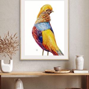 Golden Pheasant Wall Art Print | Watercolor Animal Illustration | Colorful Bird Poster | Exotic Wildlife Art | Botanical Wall Decor
