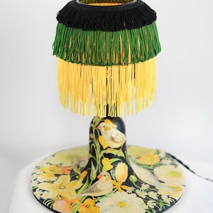 Hand Painted Floral Bird Lamp: Folk Art Table Night Light