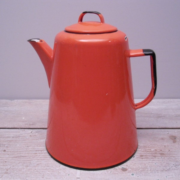 orange enamel coffee pot / vintage enamelware