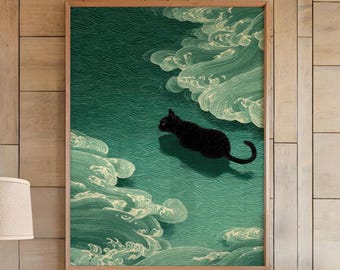Lámina decorativa imprimible con diseño de gato negro japonés ondeando, 5 tamaños incluidos.