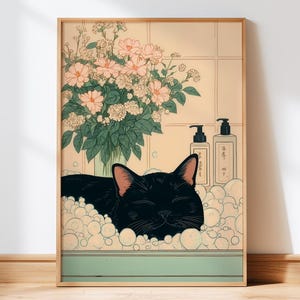 Black cat in a bathtub print,  (Digital Download, 5 Sizes Included)