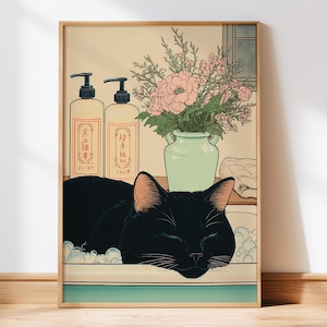 Black cat in a bathtub Wall Art, Japanese bathroom wall art, Relaxation poster, Japan cat wall art, Neutral Japandi print, japandi art