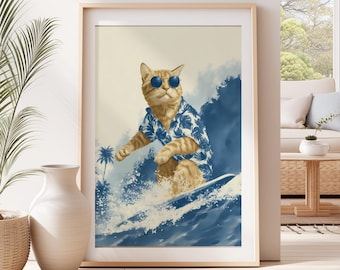 May include: A framed wall art print featuring an orange tabby cat wearing blue sunglasses and a blue and white tropical print shirt, surfing on a blue ocean wave with white sea foam and a silhouette of a palm tree in the background.