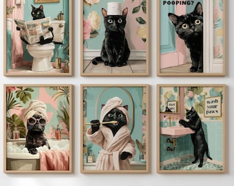 May include: A set of six framed wall art prints featuring black cats in bathroom settings. Scenes include a cat reading on a toilet, wearing a toilet paper hat, peeking around a door with text ARE YOU POOPING?, in a bubble bath, brushing teeth, and washing paws.