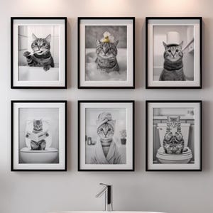 Funny Cat Bathroom Art Prints : Retro Style Photo Set (Digital Download, 5 Sizes Included)