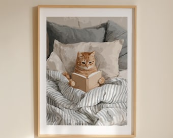 Oranje gestreepte kat die een boek leest, blauwgrijs, printbare muurdecoratie voor de slaapkamer, 5 maten inbegrepen