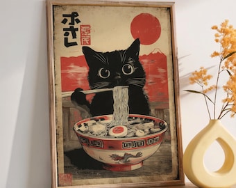 Black Cat Eating Ramen Vintage Japanese Printable Wall Art, 5 Sizes Included
