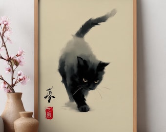 Japansk Sumi-e svart katt Wabi Sabi utskrivbar väggkonst, 5 storlekar ingår