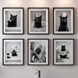 Set of 6 Funny Black Cat Bathroom Digital Art, Printable Wall Art, 5 Sizes Included