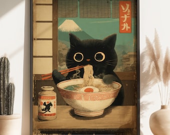 Arte digital vintage de gato negro de ramen japonés, descarga digital, 5 tamaños incluidos