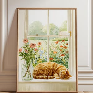 Arte digital floral con diseño de gato atigrado naranja en una ventana, arte de pared imprimible, 5 tamaños incluidos.