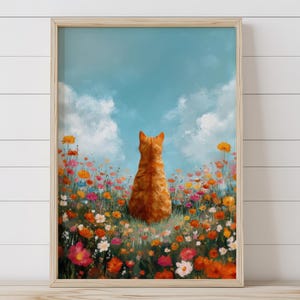 Arte de parede de gato malhado laranja em aquarela sentado em um campo de flores, download digital, 5 tamanhos incluídos