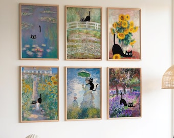 May include: A set of six framed art prints featuring classic impressionist paintings modified with black cat illustrations. Each rectangular print displays a different scene, including water lilies, sunflowers, and garden landscapes, all accented with black cats.