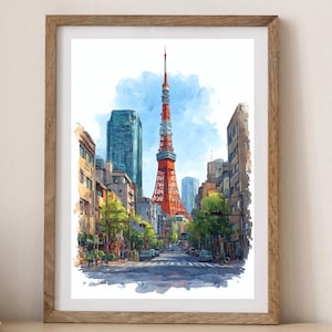 Tokyo Tower & Cherry Blossom Avenue,Watercolor Digital wall art Print,japanese watercolors,watercolor wall art,japanese watercolor painting