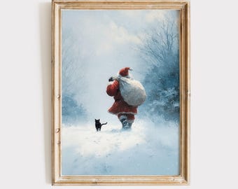 May include: A framed art print depicting a figure in a red suit and hat carrying a large white sack over their shoulder, walking through a snowy forest with a small black cat following closely behind in the deep white snow.