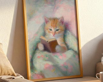 Monet Inspired Orange Tabby Cat Reading Book Printable Wall Art, 5 Sizes Included