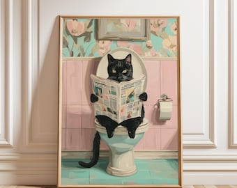 Funny Black Cat Reading on Toilet Printable Wall Art, 5 Sizes Included