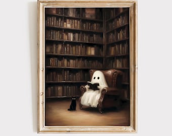 May include: A framed wall art print depicting a white ghost figure sitting in a brown leather armchair reading a book, with a small black cat sitting on the floor nearby, all set against a background of tall, dark wooden bookshelves.