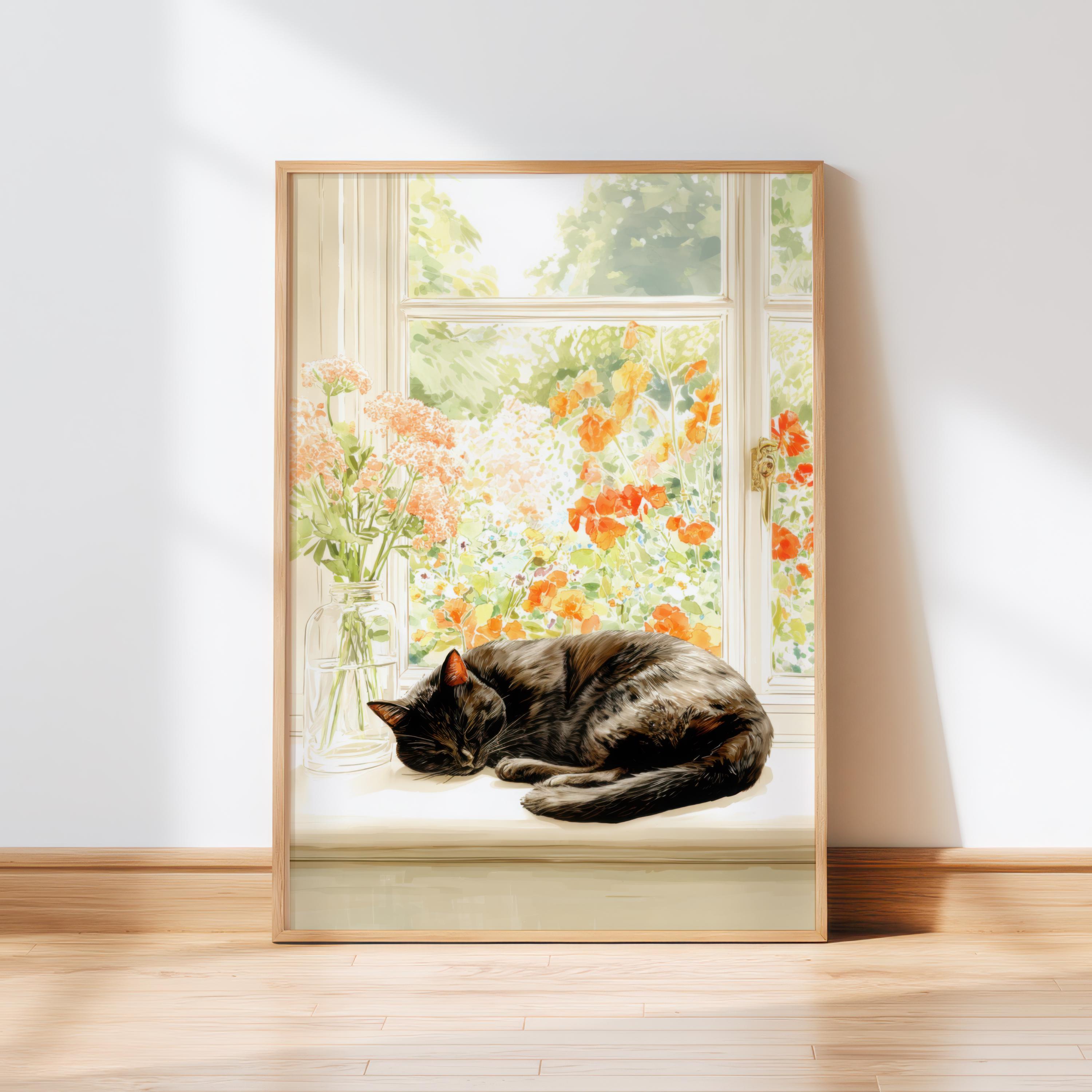 水彩画「黒猫の窓辺の花」デジタルアート、デジタルダウンロード、5