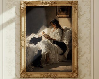 Lámina decorativa para pared con la imagen de una mujer leyendo en la cama con gatos negros (5 tamaños incluidos).