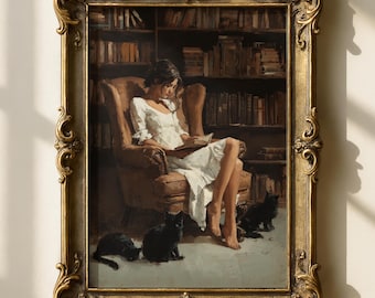 Lámina decorativa para pared con la imagen de una mujer leyendo en una biblioteca con gatos negros (5 tamaños incluidos).