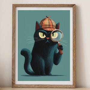 Czarny kot przebrany za detektywa, zabawny nadruk z kotem, drukowany obraz z czarnym kotem w stylu vintage, czarny kot w stylu vintage, nadruk ścienny z kotem