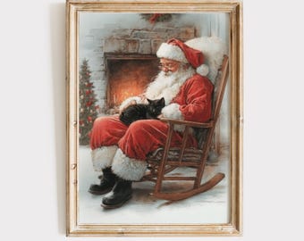 May include: A framed print depicting Santa Claus with a long white beard, wearing a red suit with white fur trim, sitting in a wooden rocking chair by a fireplace. A small black cat rests on Santa's lap, and a decorated Christmas tree stands nearby.
