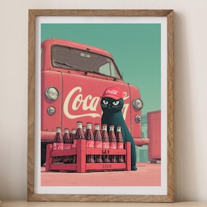 May include: A framed print featuring a black cat wearing a Coca-Cola cap, sitting in front of a red Coca-Cola truck. A wooden crate of Coca-Cola bottles is in front of the cat. The background is a light teal color.