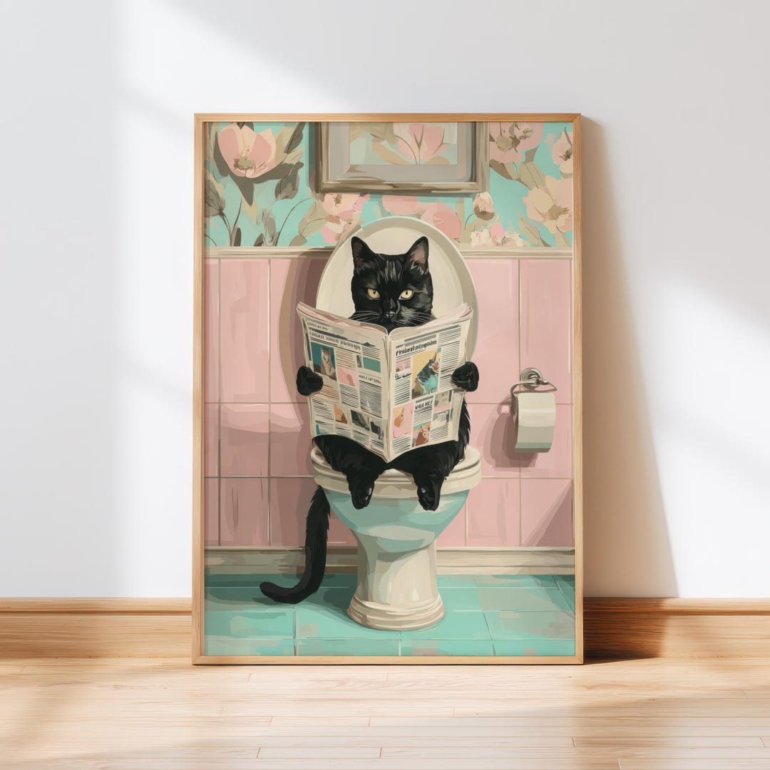 Funny Black Cat Reading on Toilet Digital Art, Digital Download, 5 ...