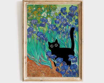 Black Cat with Irises Van Gogh Inspired Printable Wall Art, 5 Sizes Included