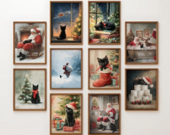 Può includere: Un set da parete composto da nove stampe incorniciate raffiguranti gatti neri in varie scene natalizie, tra cui Babbo Natale, alberi decorati, regali e paesaggi innevati, il tutto racchiuso in cornici di legno marrone.