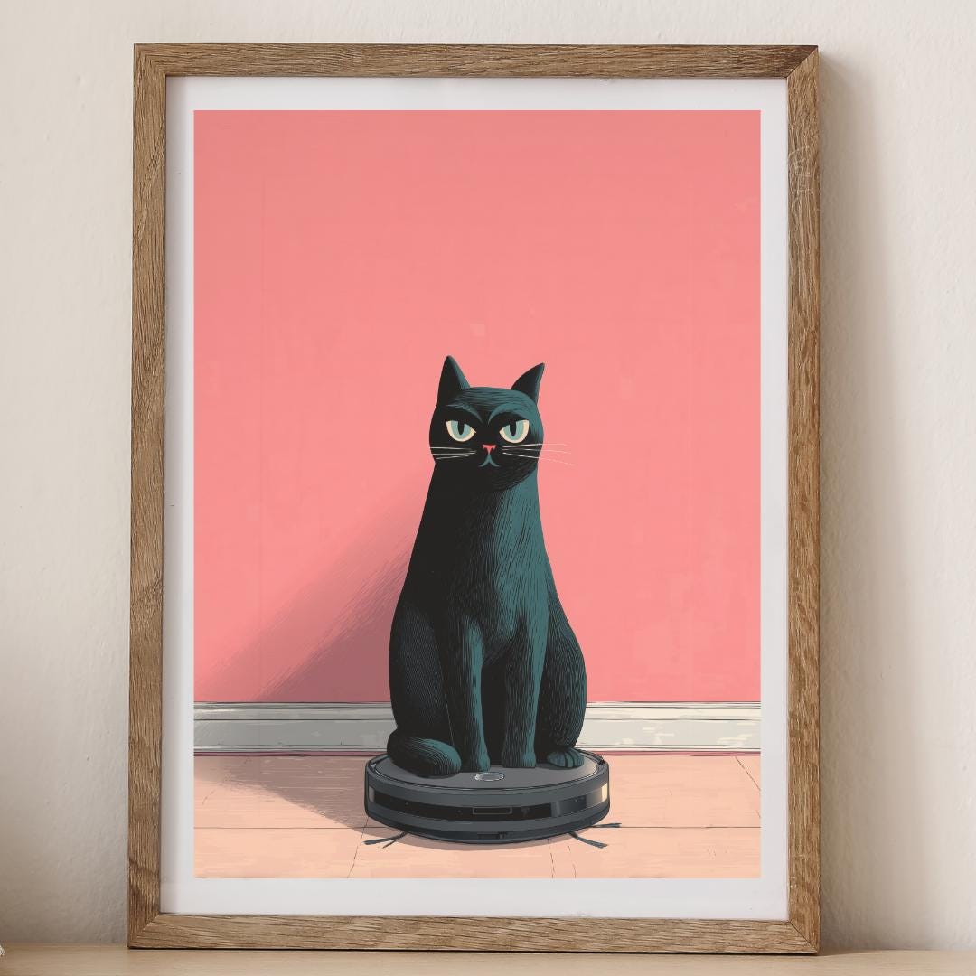 Black Cat Riding a Roomba, Printable Cat Poster, Pink Cat Art Poster ...