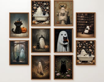 Halloween Black Cat & Ghost Digital Art - Set of 10, Digital Download, 6 Sizes Included