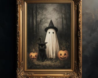 Ghost and Black Cat in Dark Forest Digital Art, Digital Download, 6 Sizes Included