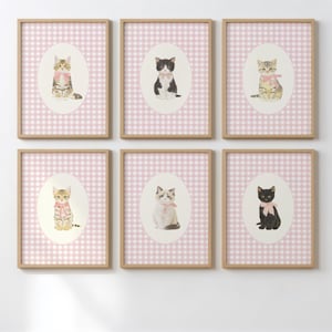 Set of 6 Pink Gingham Kitten Digital Art, Printable Wall Art, 5 Sizes Included