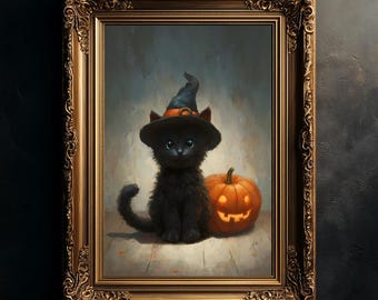 Black Cat Kitten with Pumpkin Halloween Digital Art, Digital Download, 6 Sizes Included
