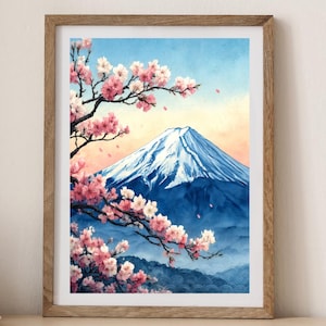 富士山と日本の桜、水彩デジタルウォールアートプリント、水彩山、日本の水彩画、水彩風景画