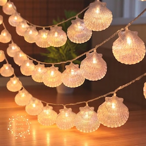 Catena luminosa a LED con conchiglie e stelle marine da spiaggia – 20 LED, 9,8 piedi, alimentata tramite USB, decorazione costiera impermeabile per camera da letto, patio o festa