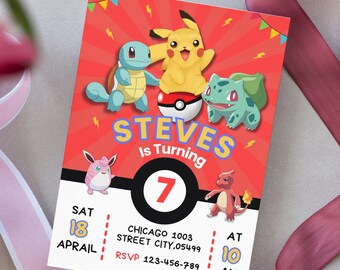 編集可能なポケモン招待状、ポケモン誕生日招待状、ピカチュウ誕生日招待状、印刷可能な誕生日パーティー招待状、Canvaテンプレート