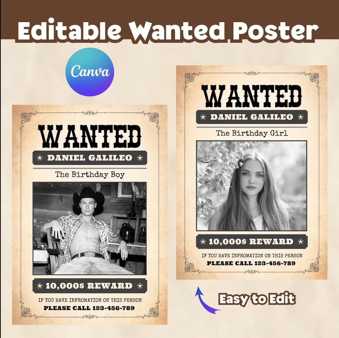 Wanted Poster Canva Template, Editable Wild West Wanted Poster Template ...