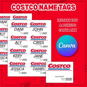 May include: A collection of Costco name tags with employee names and titles. The tags feature the Costco Wholesale logo and employee start dates. The image also includes text that says "Instant Edit A4 Sheets Canva Link."