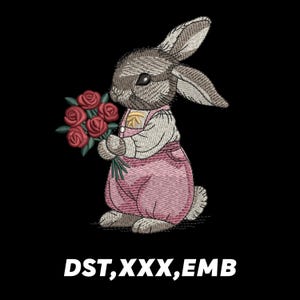 May include: An embroidered image of a rabbit in pink dungarees, holding a bunch of red roses. The rabbit's head and ears have a plaid pattern. The text "DST, XXX, EMB" is displayed at the bottom of the image.