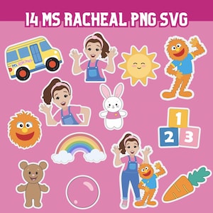 Op de afbeelding: Een verzameling kleurrijke cartoonstickers op een roze achtergrond. De stickers bevatten een gele schoolbus, een lachende zon, een regenboog, een konijn, een teddybeer en een meisje in een overall. De tekst "14 MS RACHEAL PNG SVG" staat bovenaan.