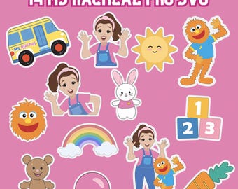 May include: A collection of colorful cartoon stickers on a pink background. The stickers include a yellow school bus, a smiling sun, a rainbow, a bunny, a teddy bear, and a girl in overalls. The text "14 MS RACHEAL PNG SVG" is at the top.