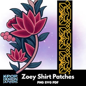 Pode incluir: Gráfico Zoey Shirt Patches. A imagem apresenta um design floral com flores vermelho-escuras, folhas verde-azuis e um caule rosa. Um painel vertical preto com um padrão geométrico dourado está à direita.
