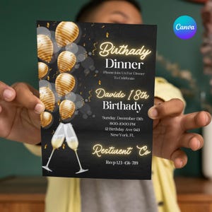 Invito di compleanno a tema neon nero, invito glamour con cravatta nera, invito animato con diamante dorato nero per uomini e donne, modificabile con Canva